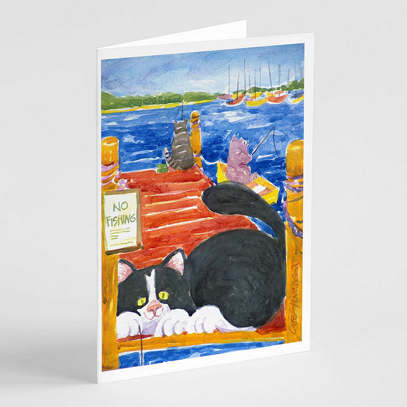 Caroline's Treasures Cat Fishing from the dock Greeting Cards and Envelopes Pack of 8, 7 x 5, Fish Image