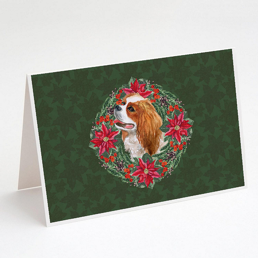 Caroline's Treasures Cavalier Spaniel Poinsetta Wreath Greeting Cards and Envelopes Pack of 8, 7 x 5, Dogs Image