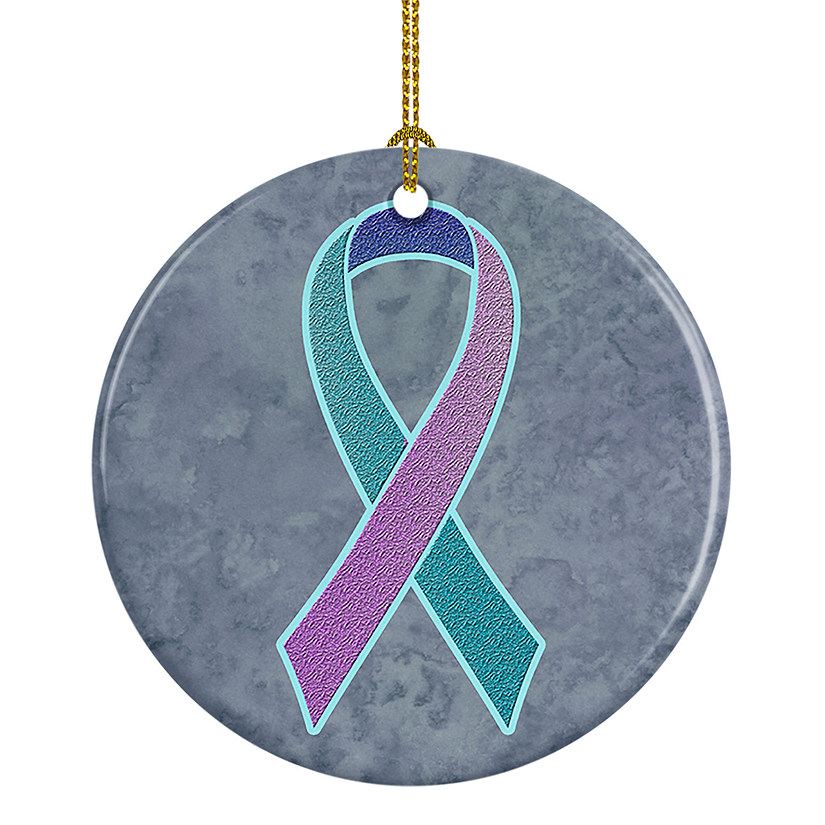 Caroline's Treasures, Ceramic Ornament, Teal, Pink and Blue Ribbon, Thyroid Cancer Awareness, 2.8x2.8 Image