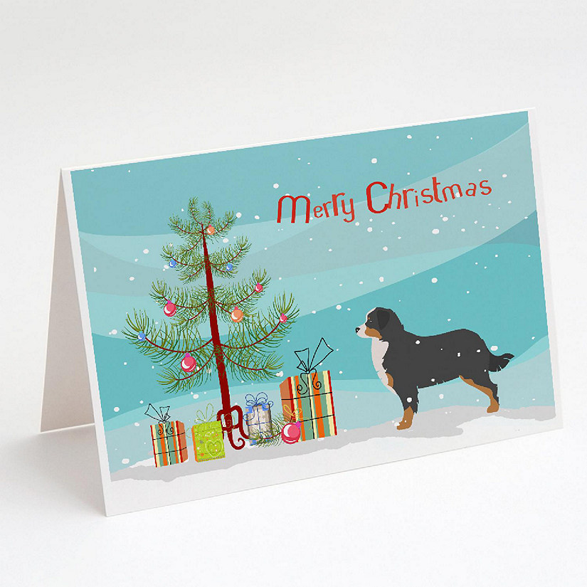 Caroline's Treasures Christmas, Bernese Mountain Dog Merry Christmas Tree Greeting Cards and Envelopes Pack of 8, 7 x 5, Dogs Image