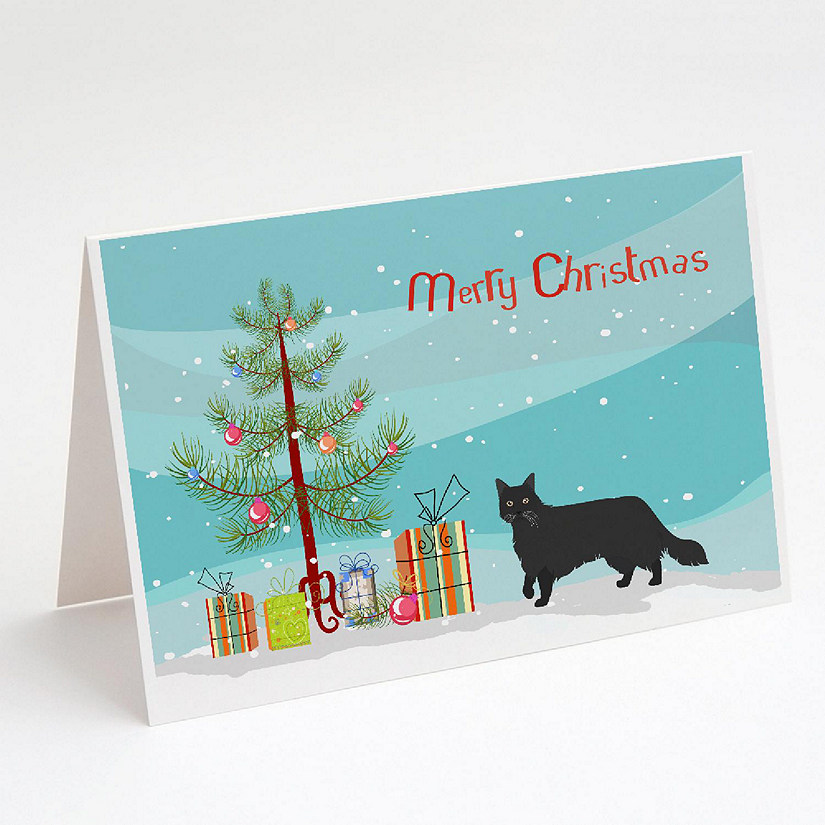 Caroline's Treasures Christmas, Black Chantilly Tiffany Cat Merry Christmas Greeting Cards and Envelopes Pack of 8, 7 x 5, Cats Image