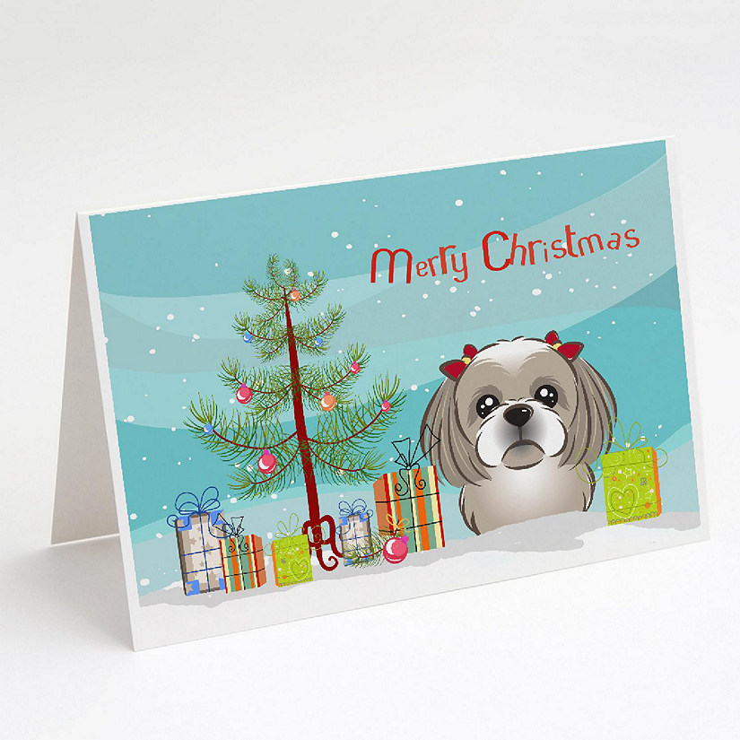 Caroline's Treasures Christmas, Christmas Tree and Gray Silver Shih Tzu Greeting Cards and Envelopes Pack of 8, 7 x 5, Dogs Image