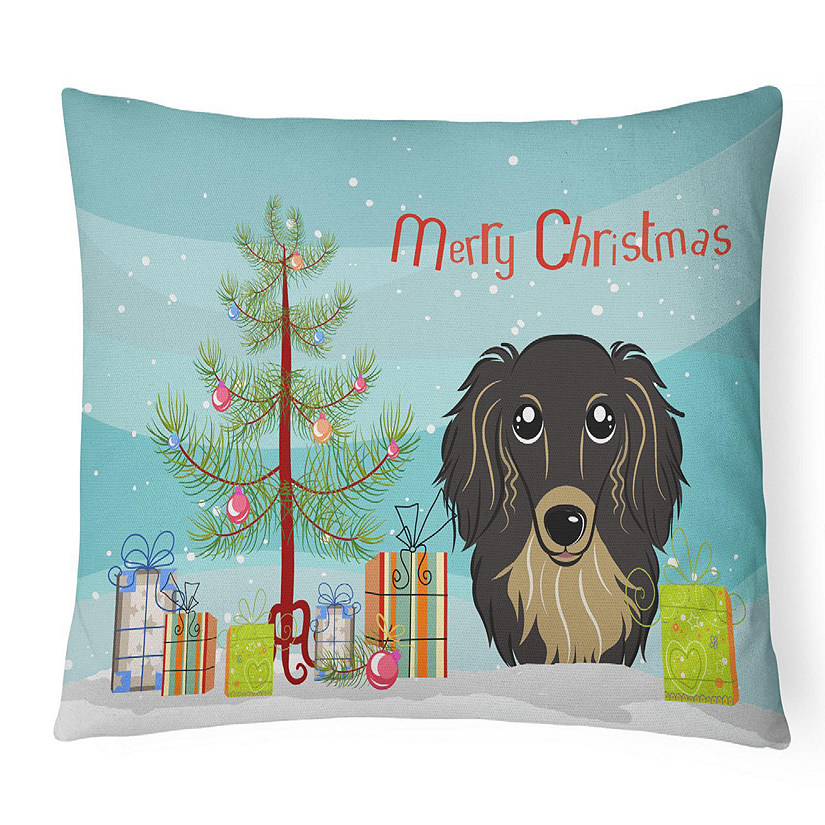 Caroline's Treasures Christmas, Christmas Tree and Longhair Black and Tan Dachshund Canvas Fabric Decorative Pillow, 12 x 16, Dogs Image
