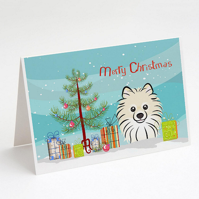 Caroline's Treasures Christmas, Christmas Tree and Pomeranian Greeting Cards and Envelopes Pack of 8, 7 x 5, Dogs Image