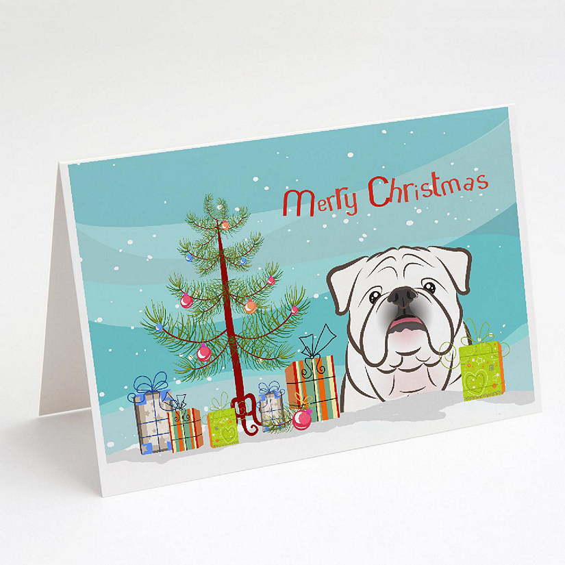 Caroline's Treasures Christmas, Christmas Tree and White English Bulldog  Greeting Cards and Envelopes Pack of 8, 7 x 5, Dogs Image