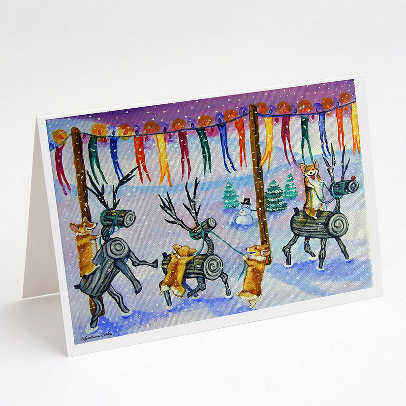Caroline's Treasures Christmas, Corgi Log Reindeer Race Christmas Greeting Cards and Envelopes Pack of 8, 7 x 5, Dogs Image