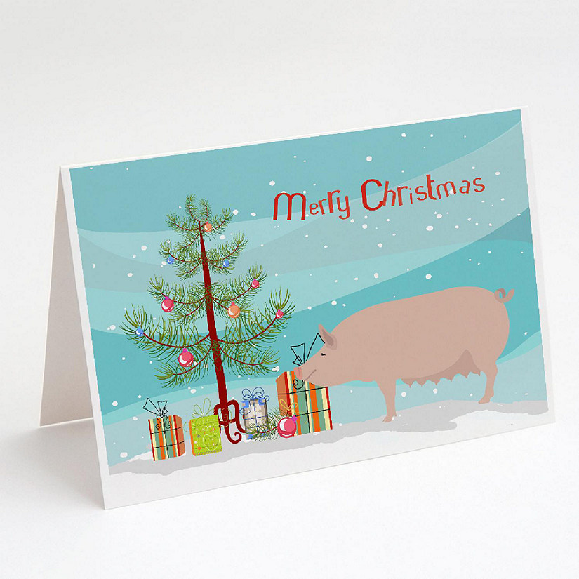 Caroline's Treasures Christmas, English Large White Pig Christmas Greeting Cards and Envelopes Pack of 8, 7 x 5, Farm Animals Image