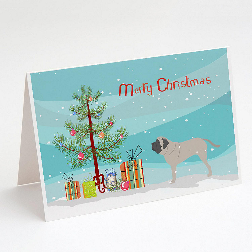 Caroline's Treasures Christmas, English Mastiff Merry Christmas Tree Greeting Cards and Envelopes Pack of 8, 7 x 5, Dogs Image