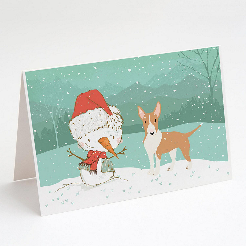 Caroline's Treasures Christmas, Fawn Bull Terrier Snowman Christmas Greeting Cards and Envelopes Pack of 8, 7 x 5, Dogs Image