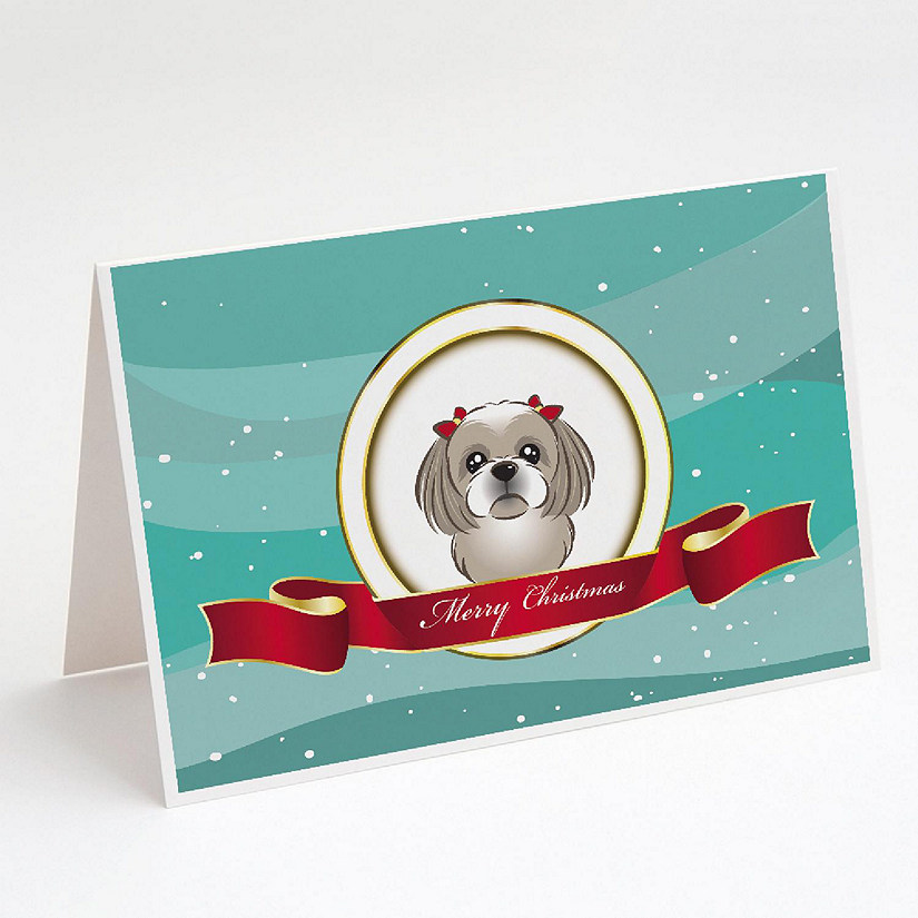 Caroline's Treasures Christmas, Gray Silver Shih Tzu Merry Christmas Greeting Cards and Envelopes Pack of 8, 7 x 5, Dogs Image