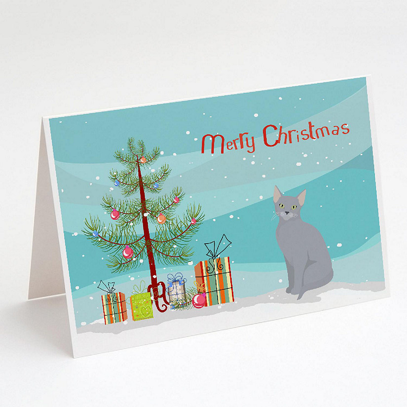 Caroline's Treasures Christmas, Russian Blue Cat Merry Christmas Greeting Cards and Envelopes Pack of 8, 7 x 5, Cats Image