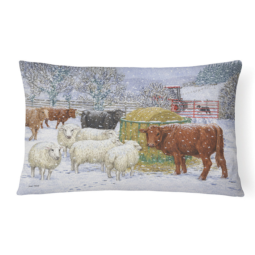 Caroline's Treasures Cows and Sheep in the Snow Canvas Fabric Decorative Pillow, 12 x 16, Farm Animals Image