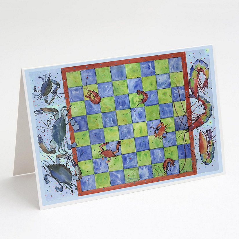 Caroline's Treasures Crab and Shrimp Checkerboard Greeting Cards and Envelopes Pack of 8, 7 x 5, Seafood Image
