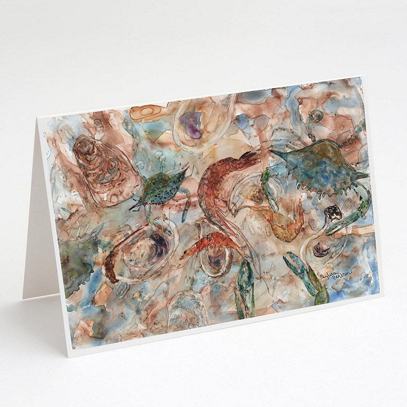 Caroline's Treasures Crabs, Shrimp and Oysters on the loose Greeting Cards and Envelopes Pack of 8, 7 x 5, Seafood Image