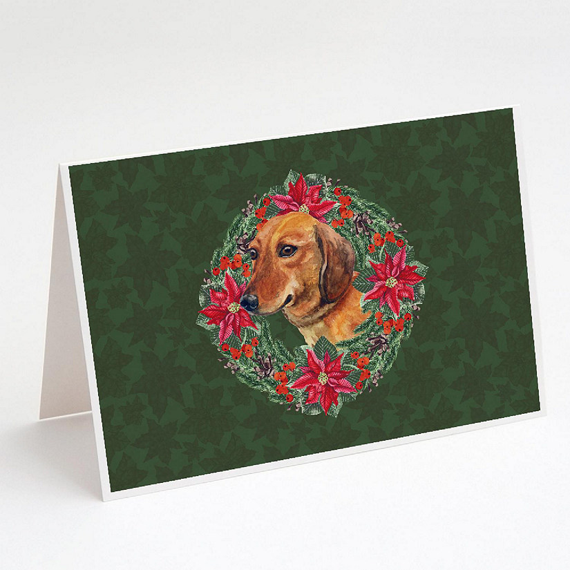Caroline's Treasures Dachshund Poinsetta Wreath Greeting Cards and Envelopes Pack of 8, 7 x 5, Dogs Image