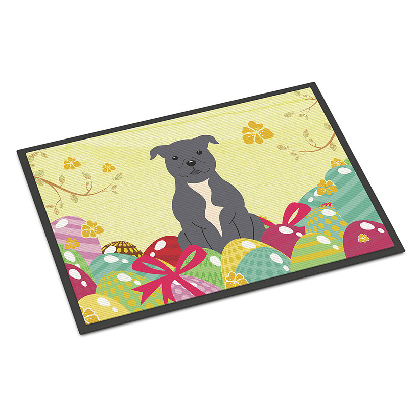 Caroline's Treasures, Easter, Easter Eggs Staffordshire Bull Terrier Blue Indoor or Outdoor Mat 24x36, 36 x 24, Dogs Image