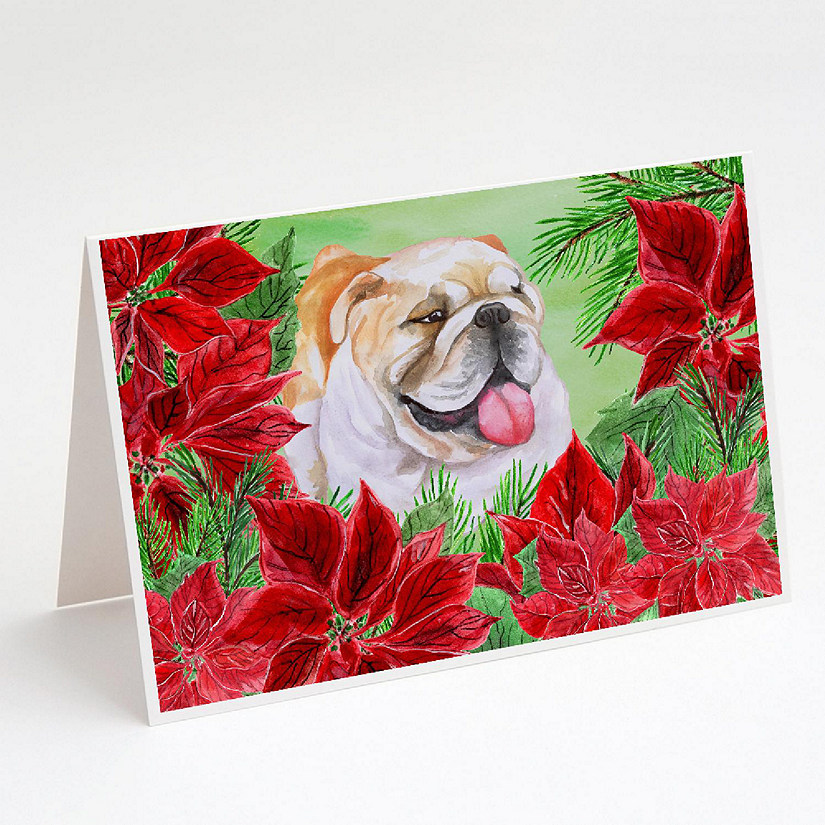 Caroline's Treasures English Bulldog Poinsettas Greeting Cards and Envelopes Pack of 8, 7 x 5, Dogs Image