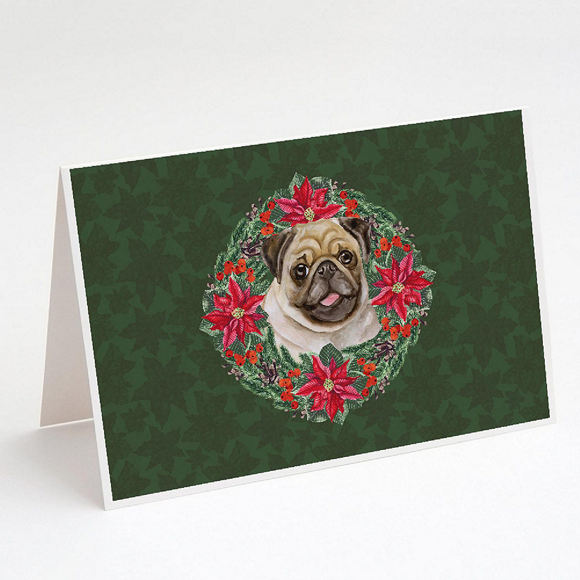 Caroline's Treasures Fawn Pug Poinsetta Wreath Greeting Cards and Envelopes Pack of 8, 7 x 5, Dogs Image