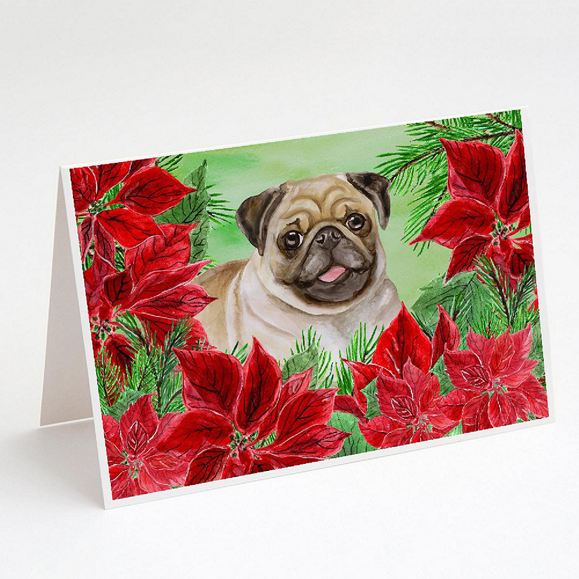 Caroline's Treasures Fawn Pug Poinsettas Greeting Cards and Envelopes Pack of 8, 7 x 5, Dogs Image