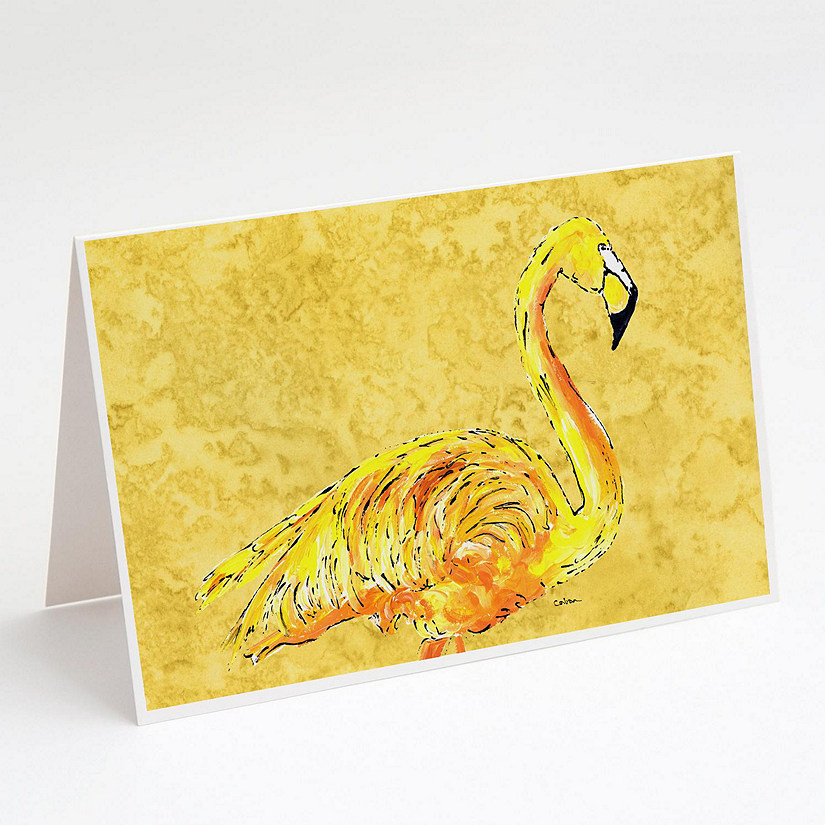 Caroline's Treasures Flamingo on Yellow Greeting Cards and Envelopes Pack of 8, 7 x 5, Birds Image