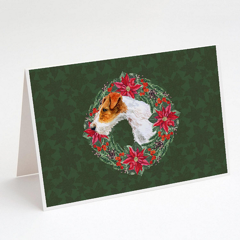 Caroline's Treasures Fox Terrier Poinsetta Wreath Greeting Cards and Envelopes Pack of 8, 7 x 5, Dogs Image