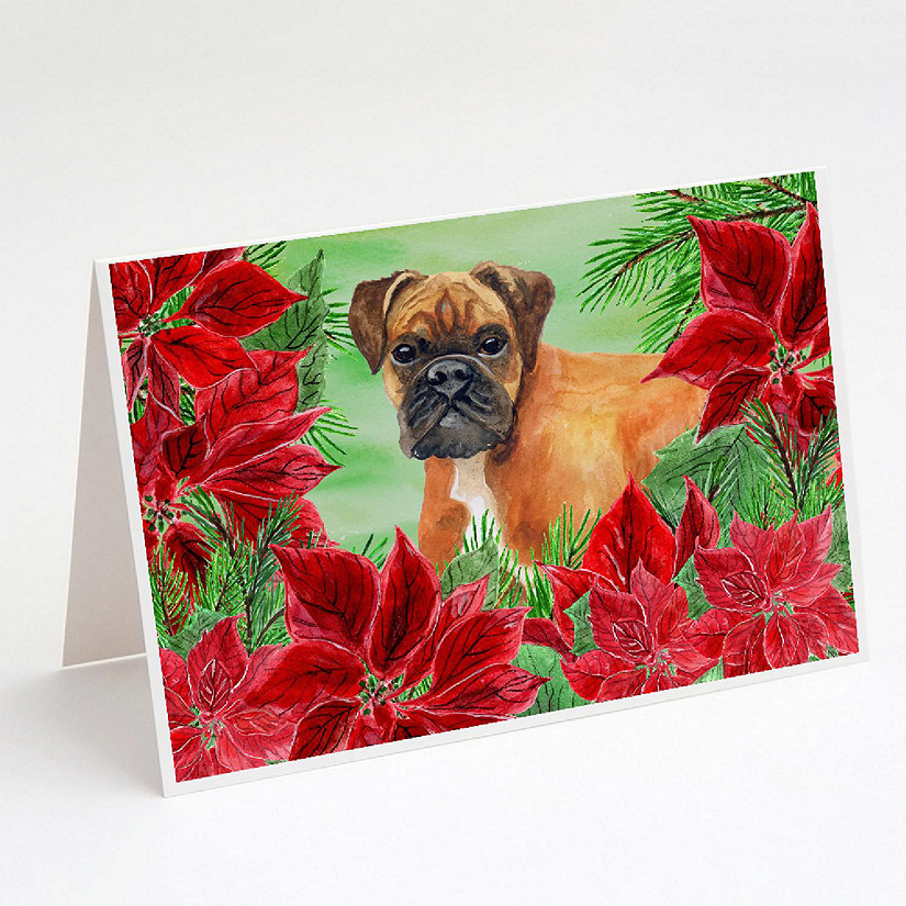 Caroline's Treasures German Boxer Poinsettas Greeting Cards and Envelopes Pack of 8, 7 x 5, Dogs Image