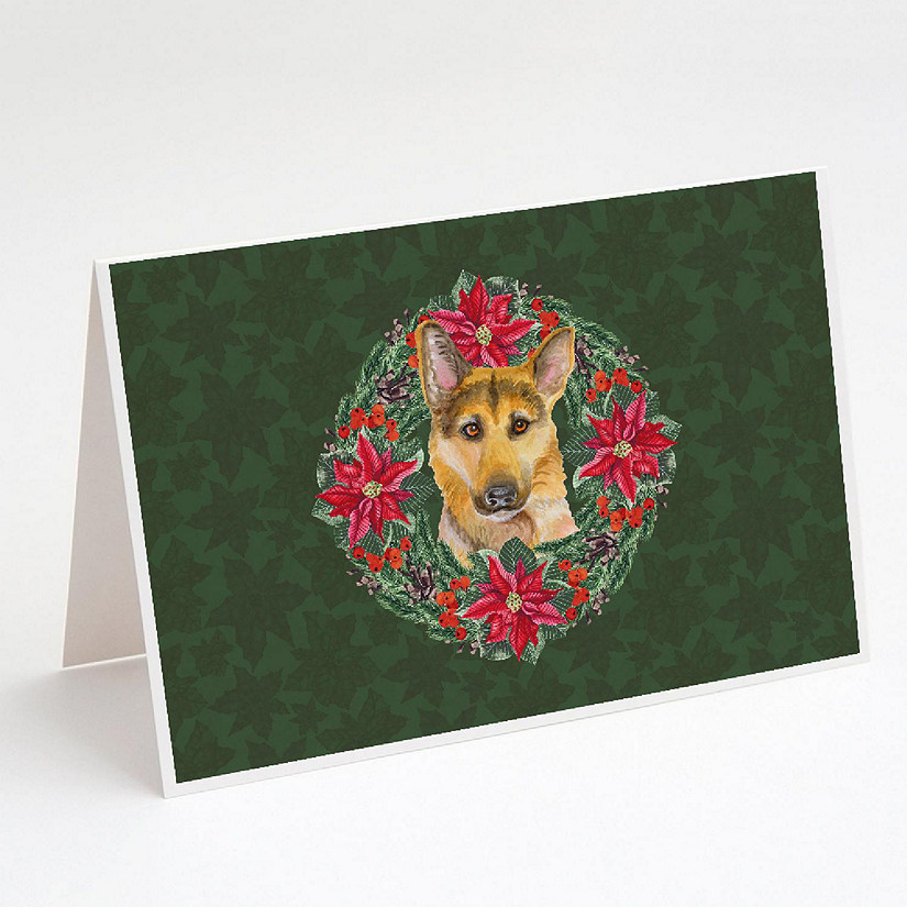 Caroline's Treasures German Shepherd #2 Poinsetta Wreath Greeting Cards and Envelopes Pack of 8, 7 x 5, Dogs Image