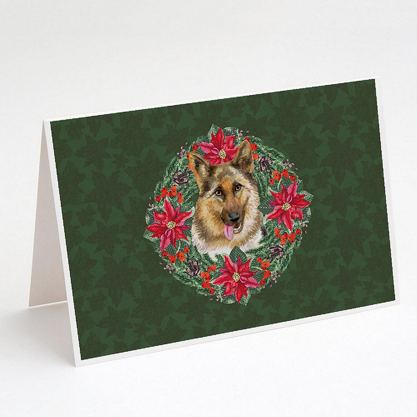 Caroline's Treasures German Shepherd Poinsetta Wreath Greeting Cards and Envelopes Pack of 8, 7 x 5, Dogs Image