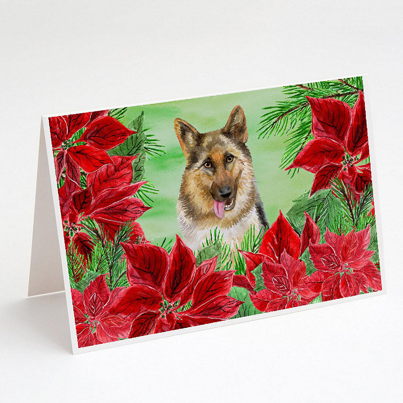 Caroline's Treasures German Shepherd Poinsettas Greeting Cards and Envelopes Pack of 8, 7 x 5, Dogs Image