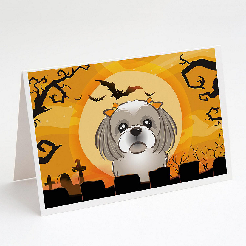 Caroline's Treasures Halloween, Halloween Gray Silver Shih Tzu Greeting Cards and Envelopes Pack of 8, 7 x 5, Dogs Image
