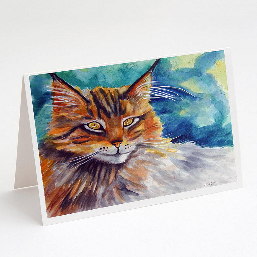 Caroline's Treasures Maine Coon Cat Watching you Greeting Cards and Envelopes Pack of 8, 7 x 5, Cats Image