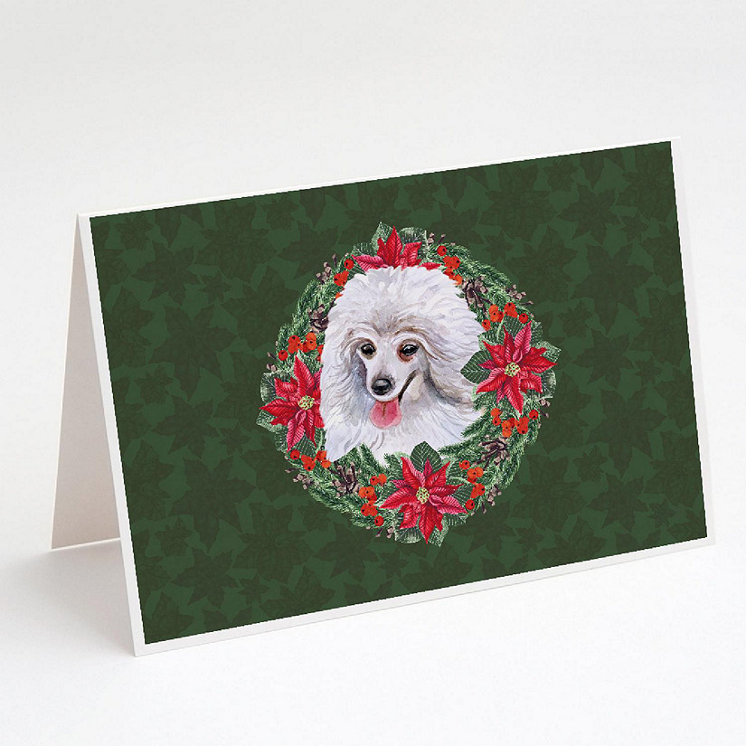 Caroline's Treasures Medium White Poodle Poinsetta Wreath Greeting Cards and Envelopes Pack of 8, 7 x 5, Dogs Image