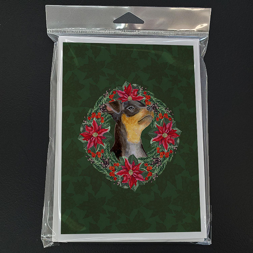 Caroline's Treasures Miniature Pinscher #2 Poinsetta Wreath Greeting Cards and Envelopes Pack of 8, 7 x 5, Dogs Image