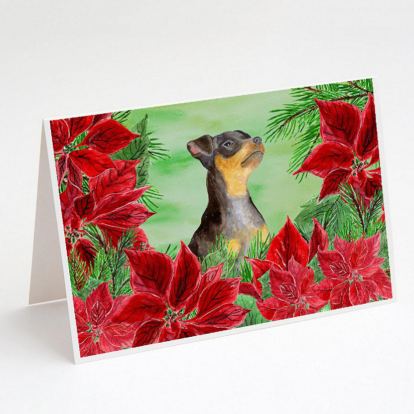 Caroline's Treasures Miniature Pinscher #2 Poinsettas Greeting Cards and Envelopes Pack of 8, 7 x 5, Dogs Image