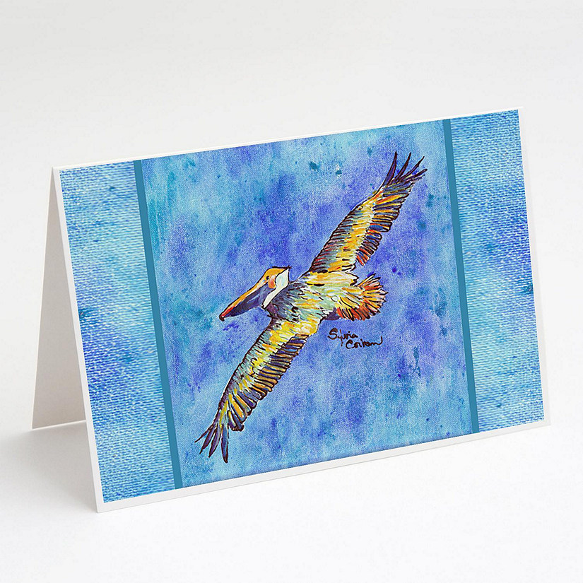 Caroline's Treasures Pelican Fyling on Blue Greeting Cards and Envelopes Pack of 8, 7 x 5, Birds Image
