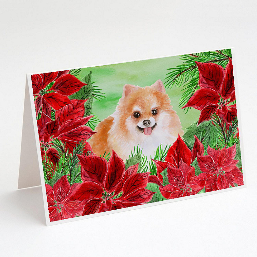 Caroline's Treasures Pomeranian #2 Poinsettas Greeting Cards and Envelopes Pack of 8, 7 x 5, Dogs Image