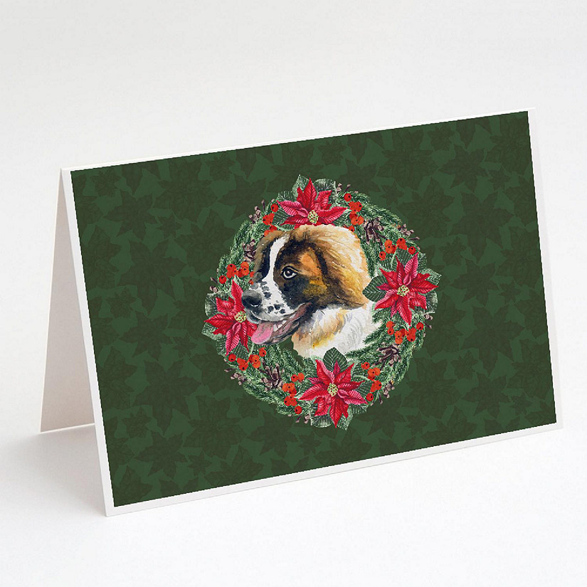 Caroline's Treasures Saint Bernard Poinsetta Wreath Greeting Cards and Envelopes Pack of 8, 7 x 5, Dogs Image