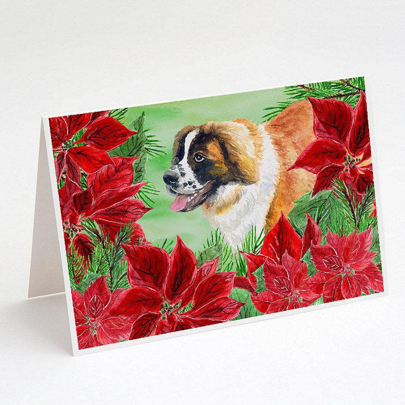 Caroline's Treasures Saint Bernard Poinsettas Greeting Cards and Envelopes Pack of 8, 7 x 5, Dogs Image