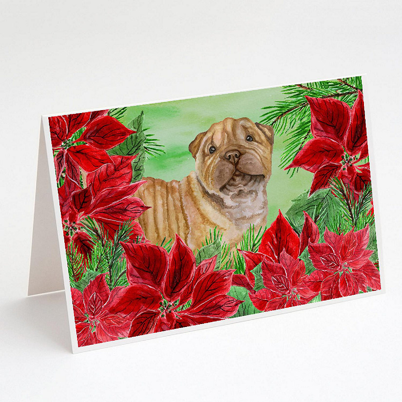 Caroline's Treasures Shar Pei Puppy Poinsettas Greeting Cards and Envelopes Pack of 8, 7 x 5, Dogs Image