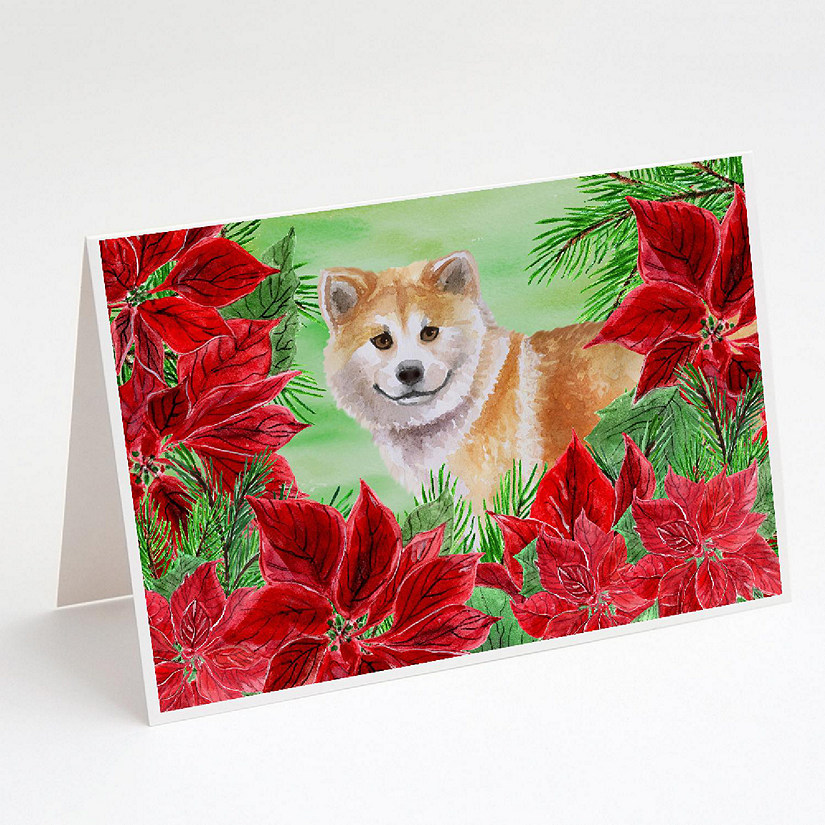 Caroline's Treasures Shiba Inu Poinsettas Greeting Cards and Envelopes Pack of 8, 7 x 5, Dogs Image