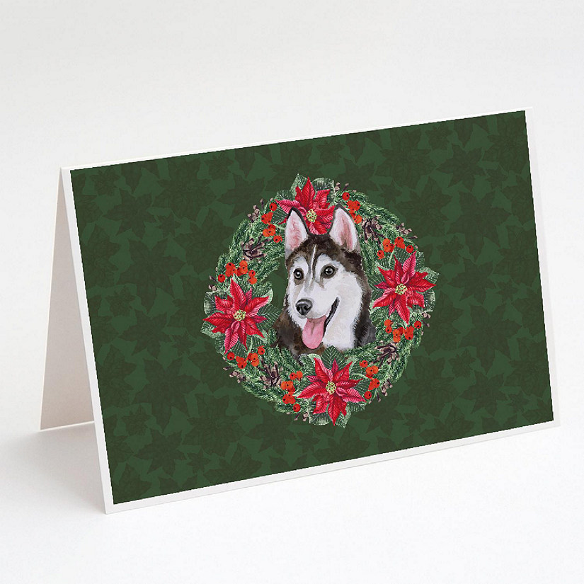 Caroline's Treasures Siberian Husky #2 Poinsetta Wreath Greeting Cards and Envelopes Pack of 8, 7 x 5, Dogs Image