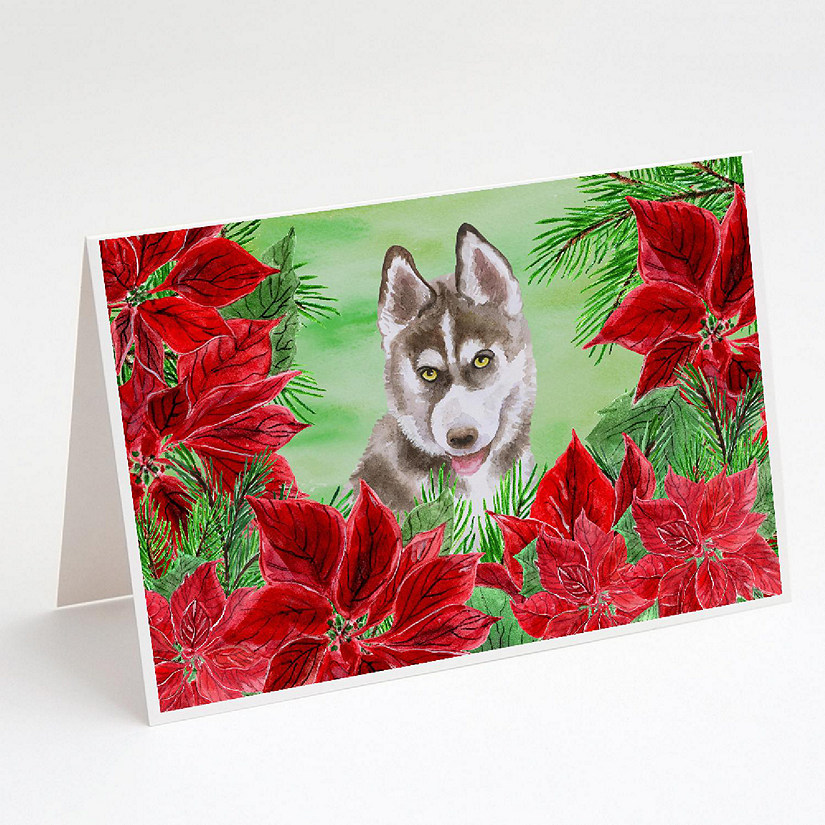 Caroline's Treasures Siberian Husky Grey Poinsettas Greeting Cards and Envelopes Pack of 8, 7 x 5, Dogs Image