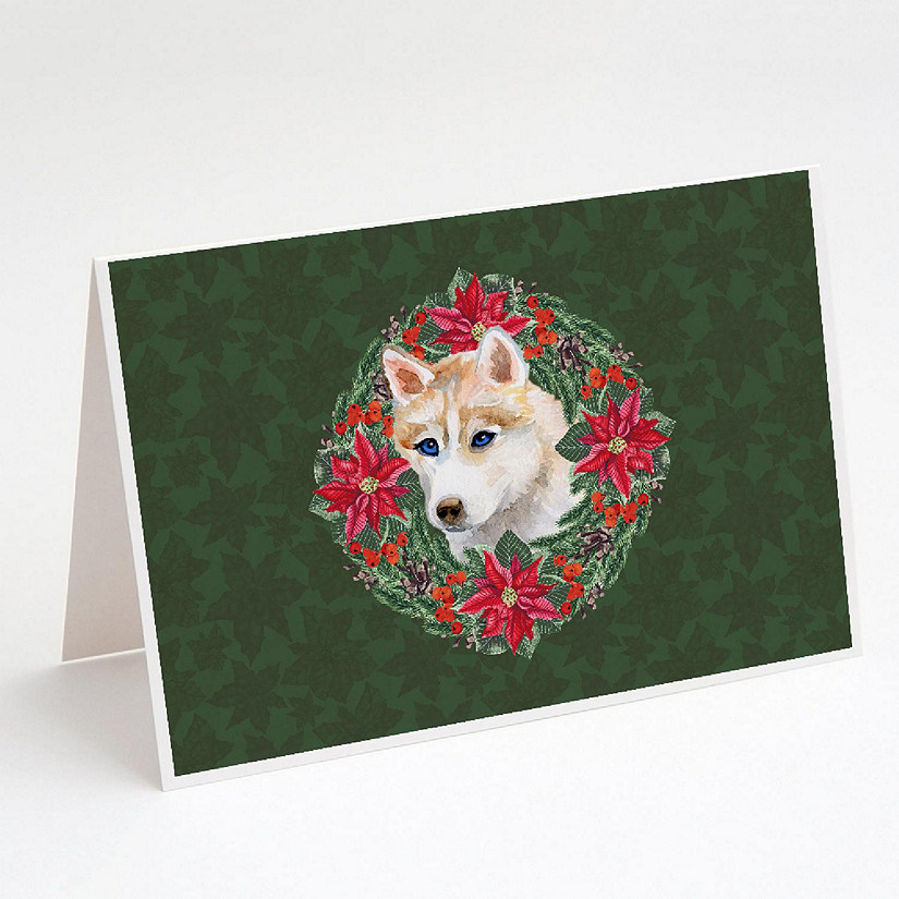 Caroline's Treasures Siberian Husky Poinsetta Wreath Greeting Cards and Envelopes Pack of 8, 7 x 5, Dogs Image
