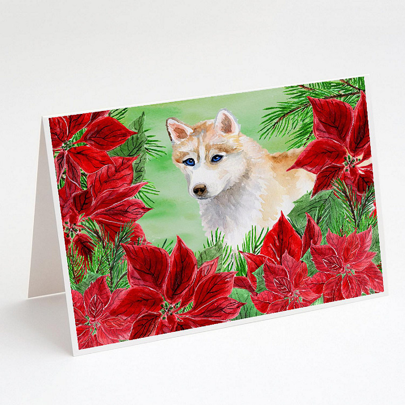 Caroline's Treasures Siberian Husky Poinsettas Greeting Cards and Envelopes Pack of 8, 7 x 5, Dogs Image