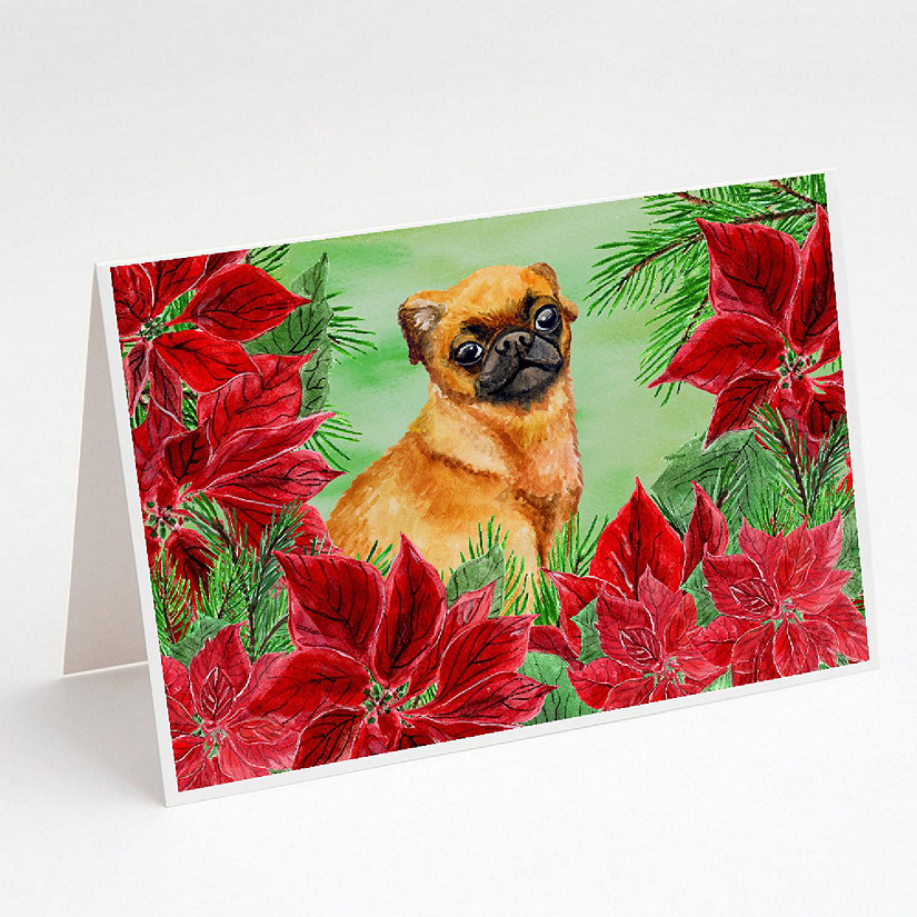 Caroline's Treasures Small Brabant Griffon Poinsettas Greeting Cards and Envelopes Pack of 8, 7 x 5, Dogs Image