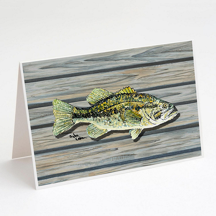 Caroline's Treasures Small mouth Bass Fish on Pier Greeting Cards and Envelopes Pack of 8, 7 x 5, Fish Image