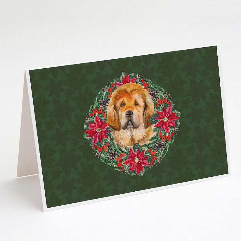 Caroline's Treasures Tibetan Mastiff Poinsetta Wreath Greeting Cards and Envelopes Pack of 8, 7 x 5, Dogs Image