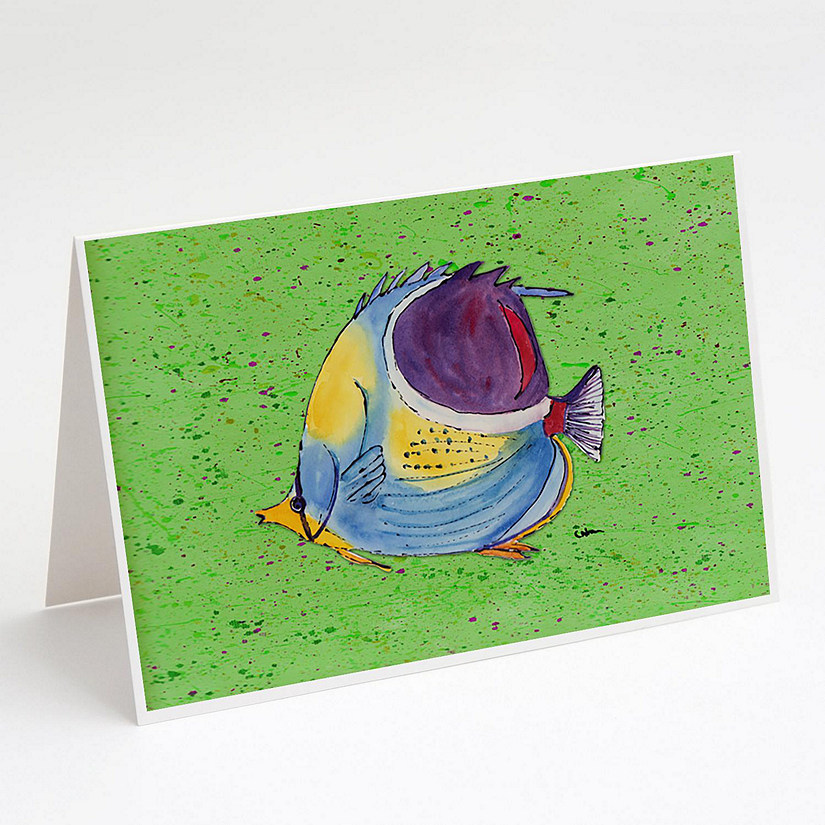 Caroline's Treasures Tropical Fish on Green Greeting Cards and Envelopes Pack of 8, 7 x 5, Fish Image