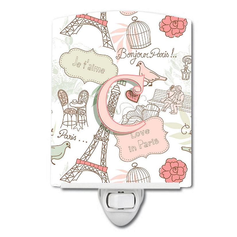 Caroline's Treasures Valentine's Day, Letter C Love in Paris Pink Ceramic Night Light, 4 x 6, Initials Image