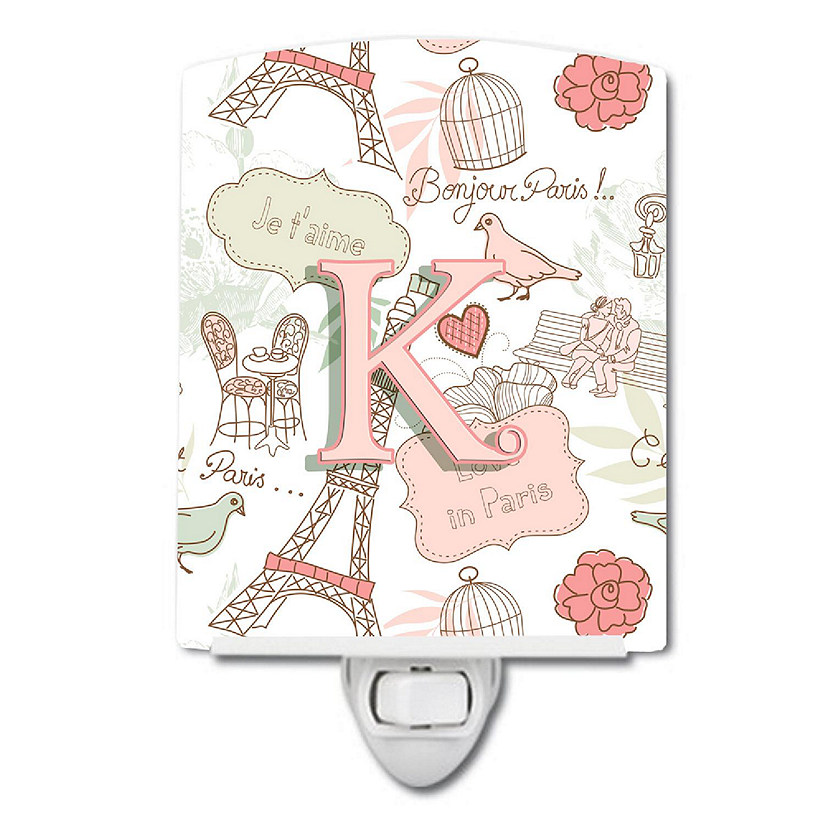 Caroline's Treasures Valentine's Day, Letter K Love in Paris Pink Ceramic Night Light, 4 x 6, Initials Image